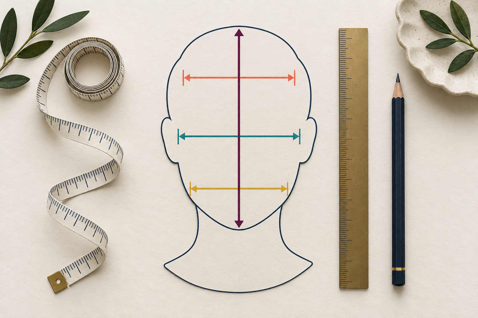 Illustrated face outline with forehead, cheekbone, jaw, and length measurement lines beside a tape measure and ruler.