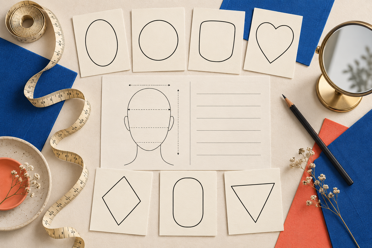 Measuring tape, mirror, measurement sheet, and seven blank face-shape outline cards arranged for a face shape quiz.