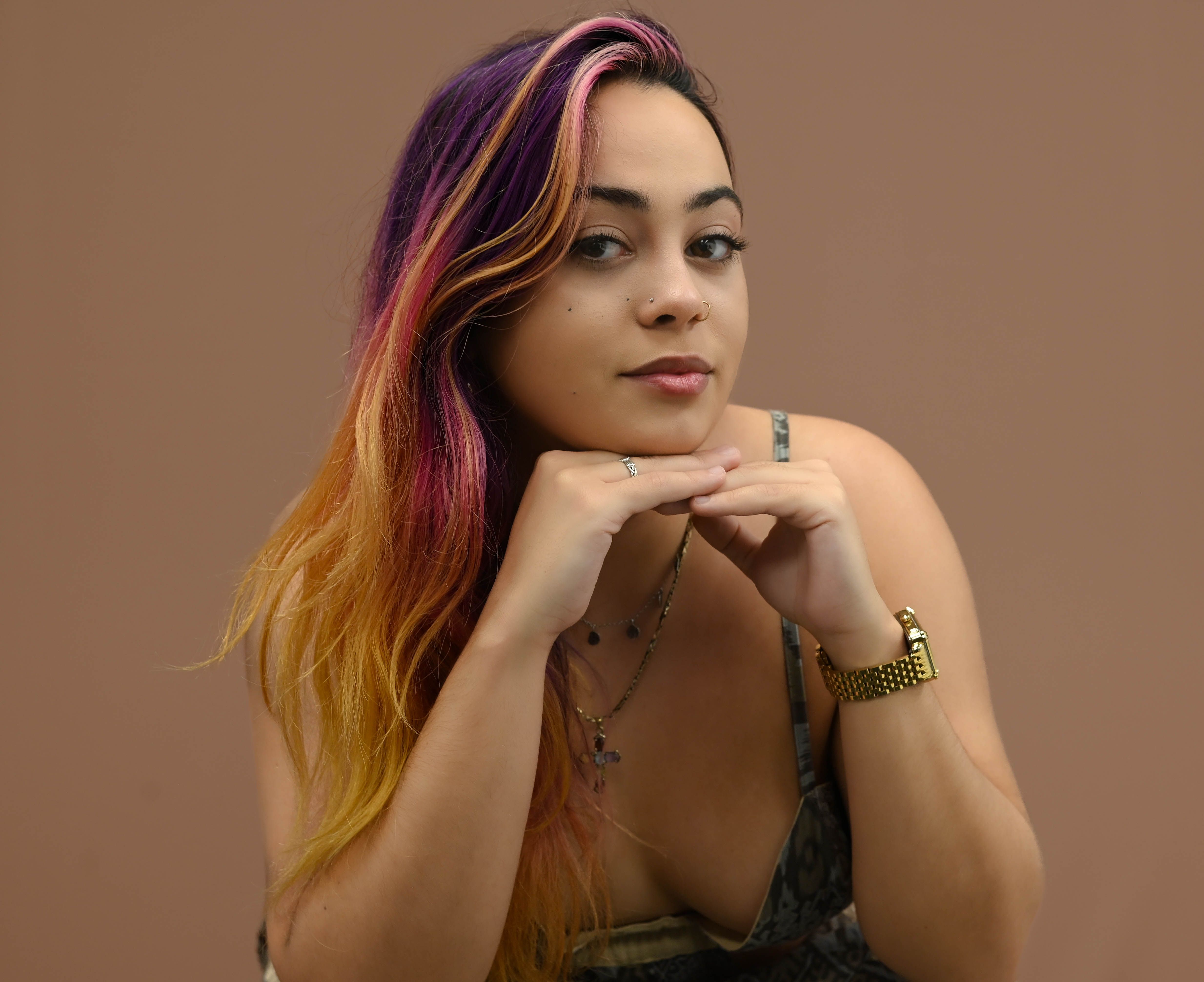 Portrait showing long colorful hair